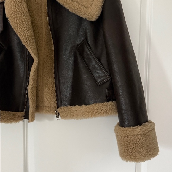 Zara Dark Brown Leather Jacket with Beige Shearling - Picture 4 of 9